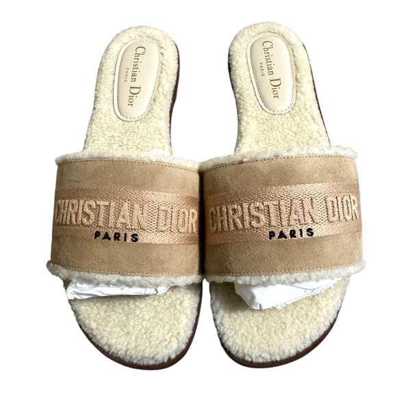 CHRISTIAN DIOR  Suede Goatskin Shearling Embroidered Dway Slide Sandals 41 Cooki - Picture 7 of 12